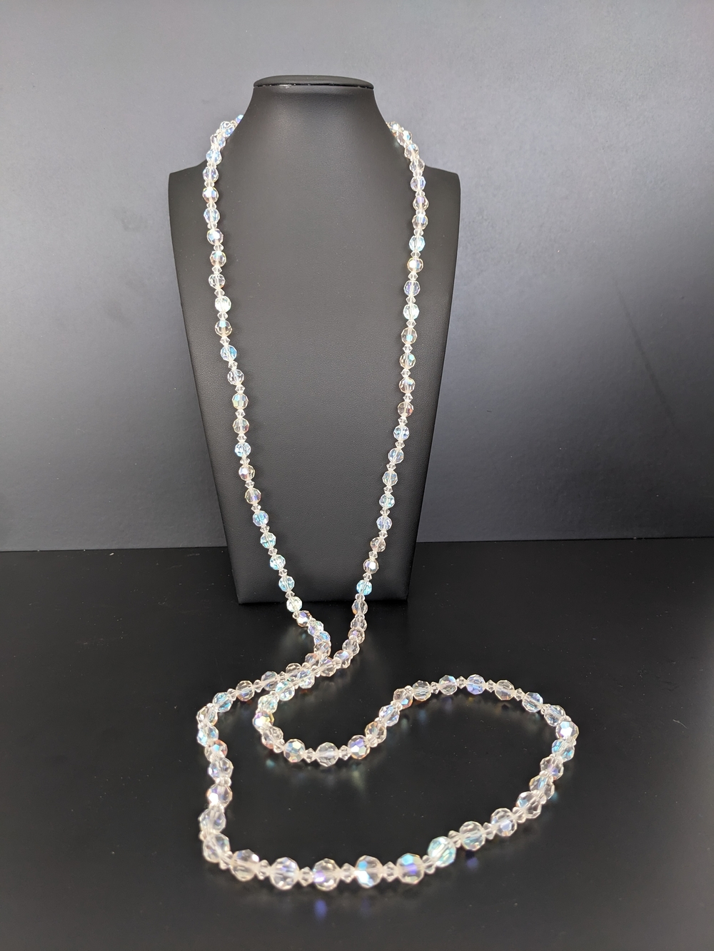 Vintage 1950's Crystal Aurora Borealis Long Beaded Necklace - Clear